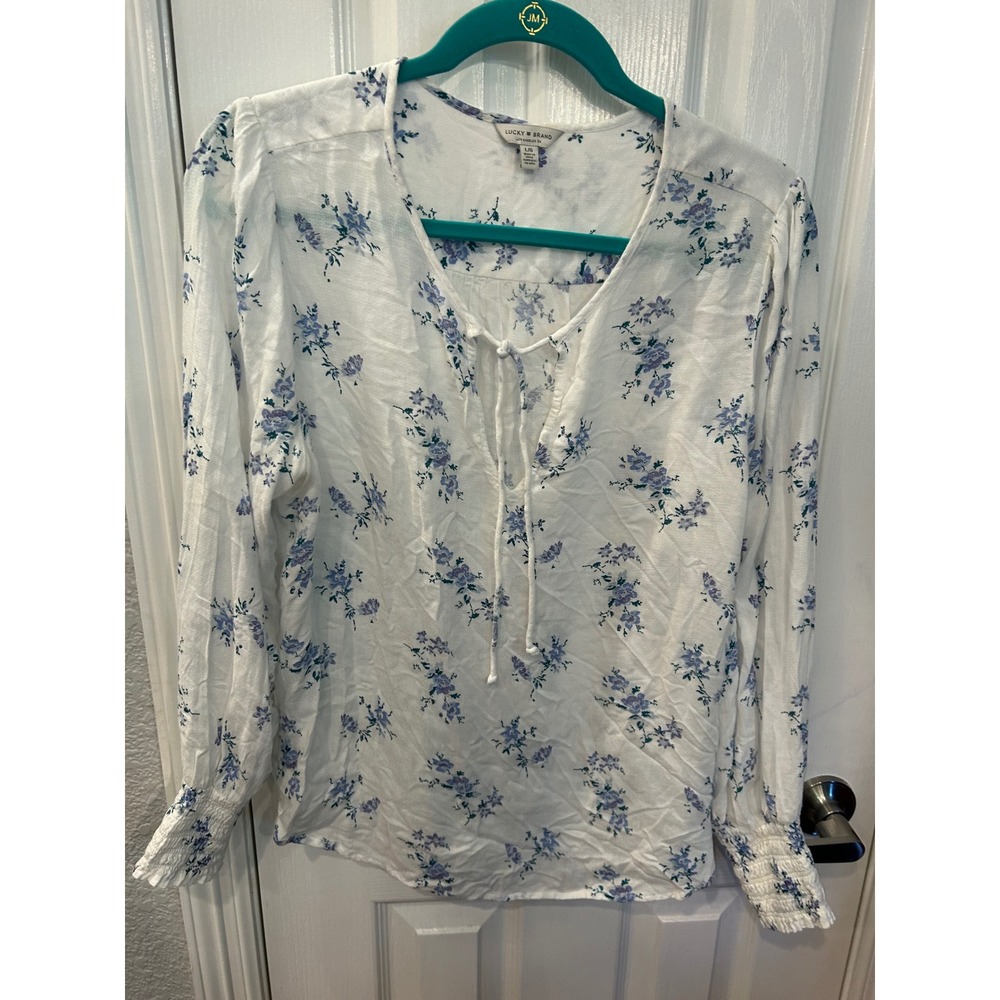Lucky Brand Blouse White Blue Floral Tie Neck Smocked Cuff Boho Top L/G